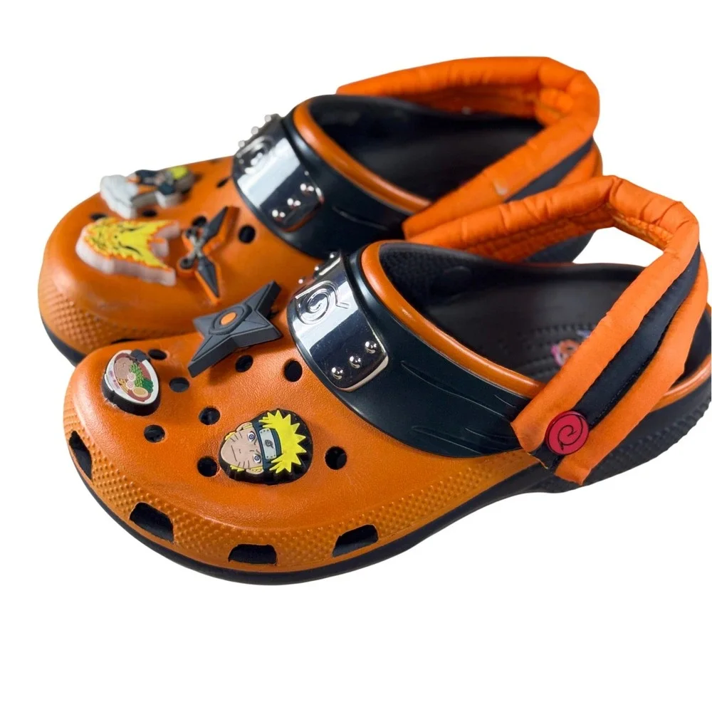 Crocs Naruto Shippuden Classic Clogs Orange Black Boys Kids Size J4 Jibbitz